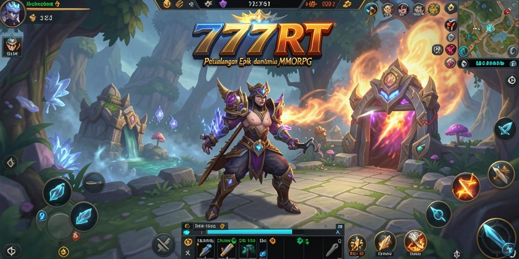Screenshot gameplay MMORPG 777RT menampilkan pertarungan epik antara pemain dan monster.