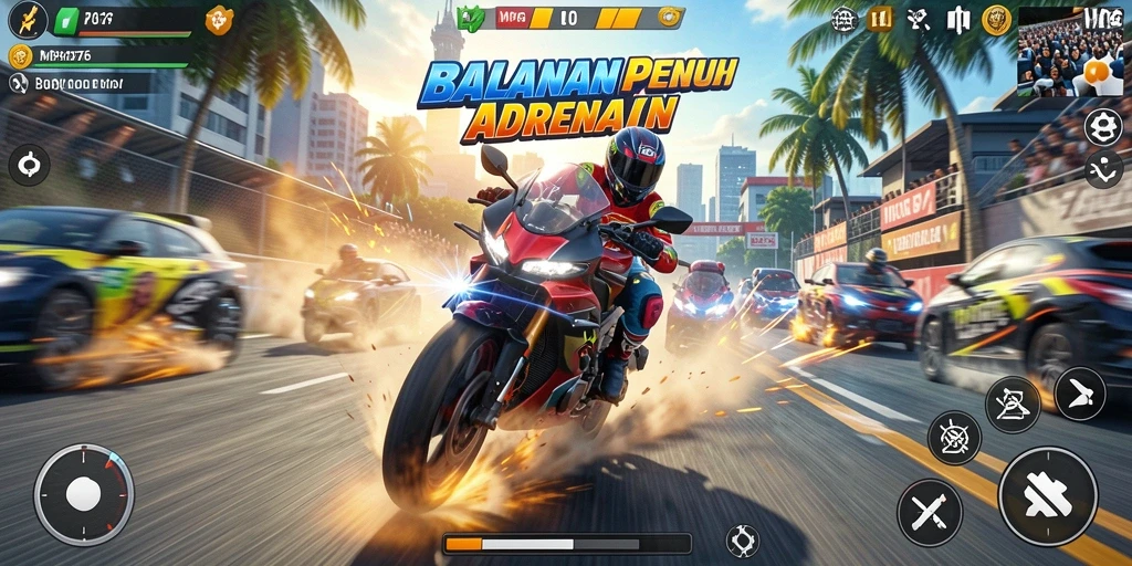 Screenshot MPO76 menampilkan aksi balapan motor yang intens dan mendebarkan.