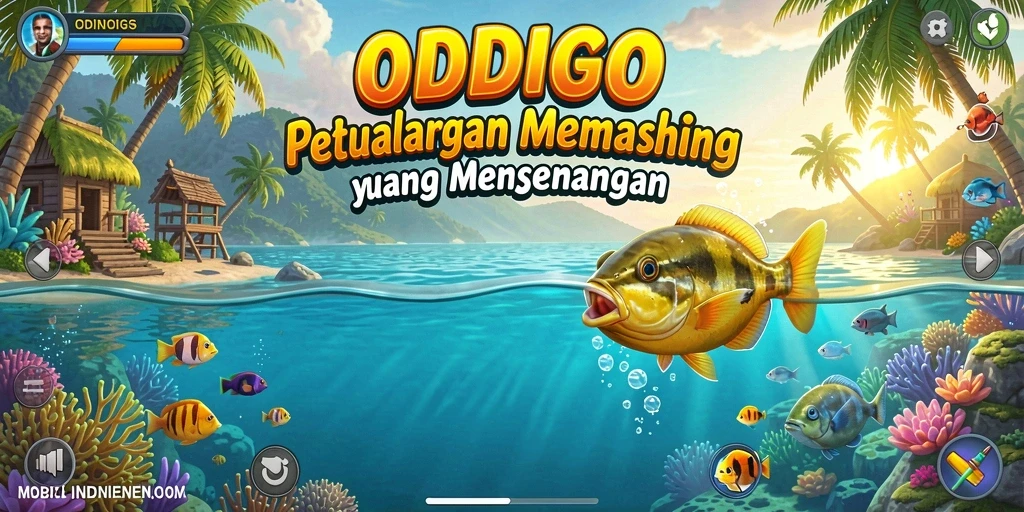 Screenshot gameplay ODDIGO yang menangkap momen memancing di danau.