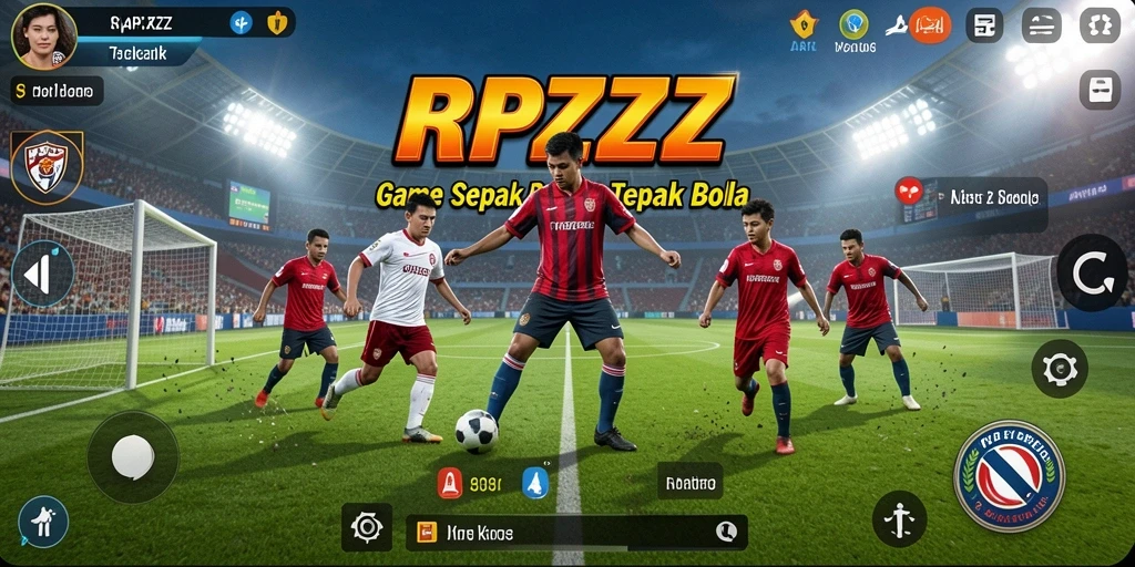 Tangkapan layar utama RPZZZ menunjukkan aksi intens dalam permainan sepak bola.