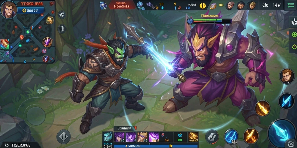 Tampilan utama gameplay TIGERJP88 yang mendebarkan dalam pertempuran MOBA.