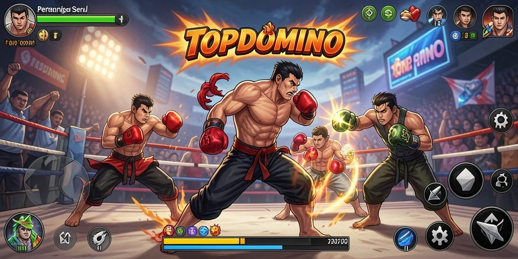 Screenshot gameplay <strong>TOPDOMINO</strong> dengan pertarungan seru antara dua karakter.
